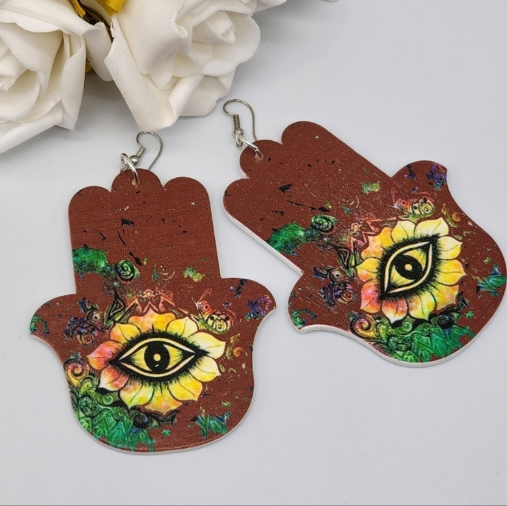 Large Lightweight Earrings Wood Hamsa Evil Eye Boho Jewelry
